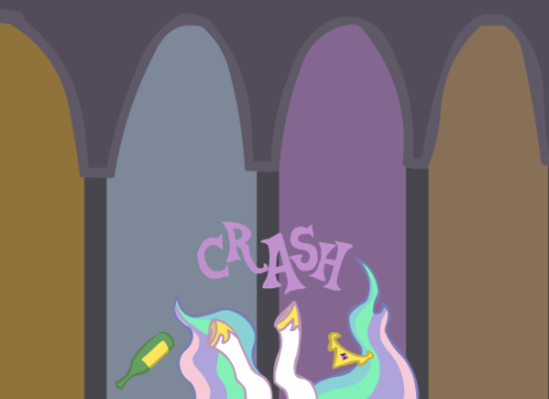 ax-brutaloo:  Dedicated to Drunk Celestia, just because! (Also Flutterschiavo!) The background that first appears in the first panel is from the TV show. The background that appears in the last panel is from Back to the Future. ;)