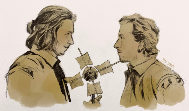 traditional drawing of rosencrantz and guildenstern. they are looking at each other, separated by a makeshift pinwheel.