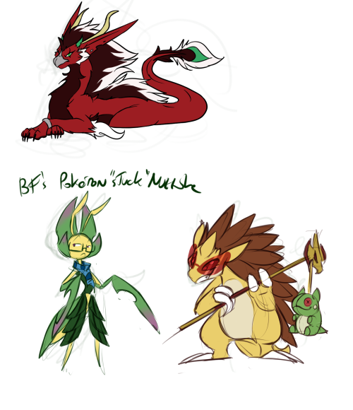 stuffs, my dragonsona and two of my bf’s pokemon nutzlocke homestuck team