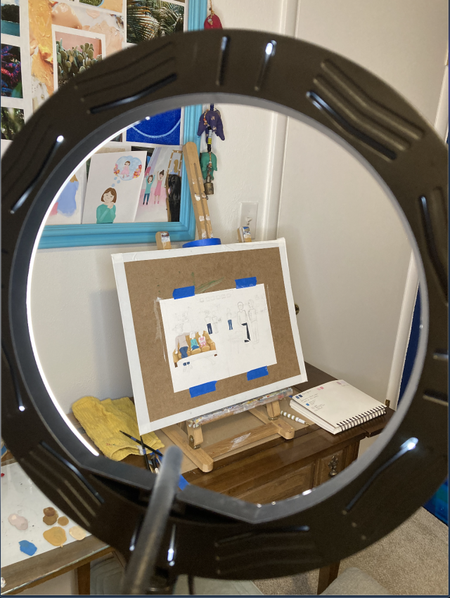 Bought this ring light to make zoom meetings better.... turns out it’s great for adding extra light to my work and being able to record behind the scenes videos! #behind the scenes #painting#gouache#childrens book#Ring Light#Studio Setup#Atelier