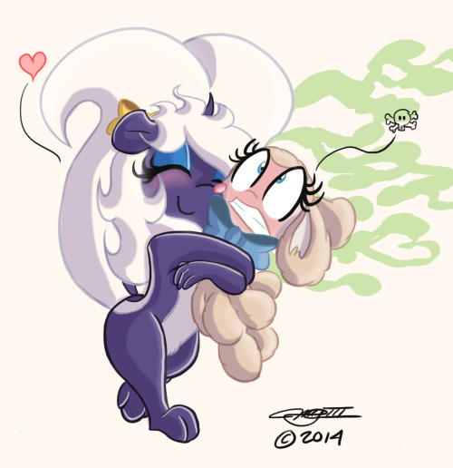 midlifedreamoflamb:  Based off an old sketch, here’s the new happy couple! Look how happy they Sweet is. :3 Two facts about Sweet Scent: 1. She’s really strong  2. She is a skoonk.They both forgot these facts for a moment.  XD D'aww~ >w<