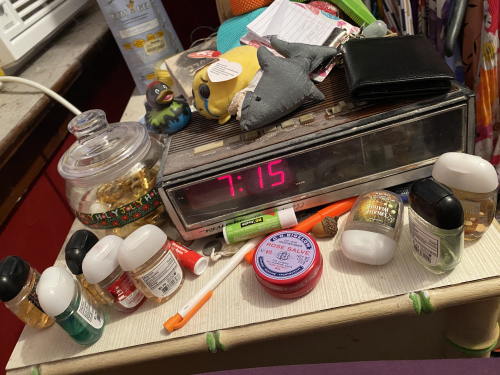truly a nightstand is a direct glimpse into someones soul. how can i have so much sanitizer & st