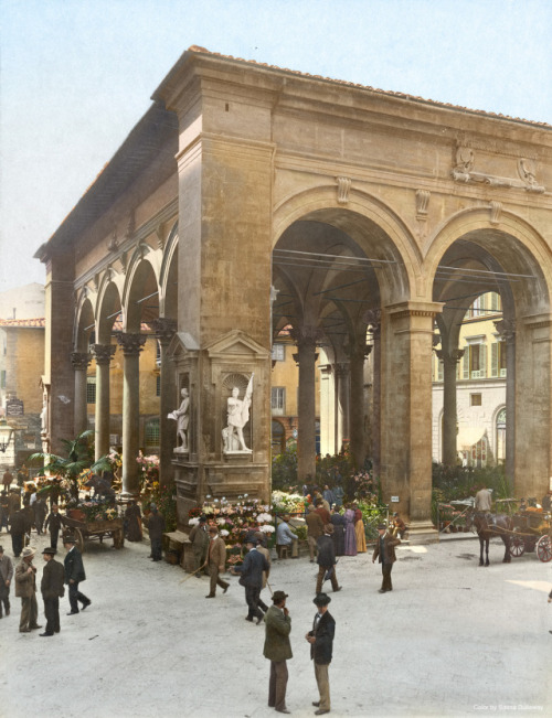 Un mercado en Florencia en 1900. Donde el Porcellino. El jabalí del morro pulido por las manos de lo