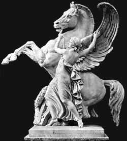 greek–myths: Pegasus “Pegasus (or Pegasos) is a winged-horse from Greek mythology which was fathered by Poseidon and was born from the severed neck of the gorgon Medusa, slain by Perseus.  At the same time and in the same way, Chryasor was also born.