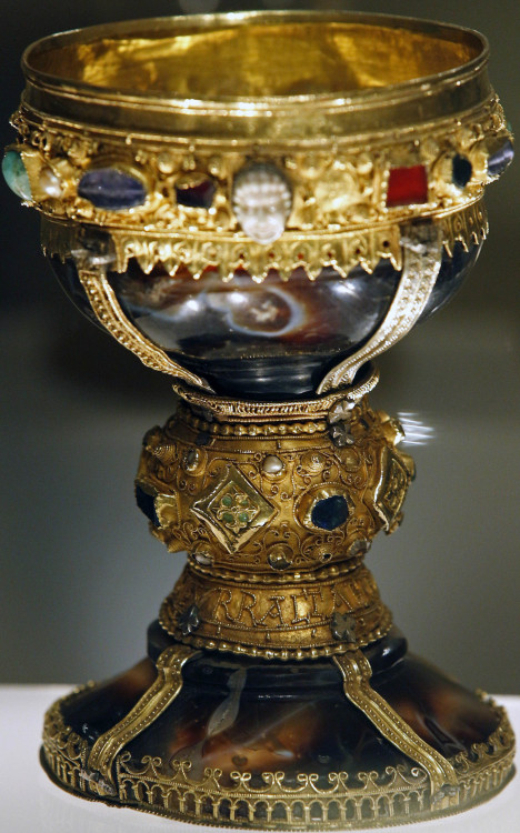 An ornate onyx chalice recently discovered at the Basilica of St. Isodore in Leon, Spain.  Dated to 