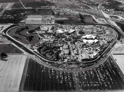 Disneyland on opening day. The photo was taken looking north, with Harbor Boulevard on the upper rig