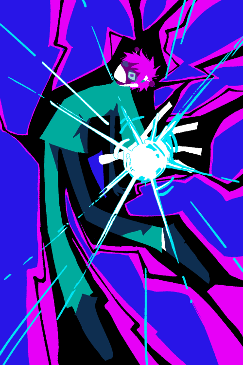 kuuhaiyu:  try to pry it open then it becomes a problem[image descriptions: three images done in a horror-esque style, drawn with neon colors and black. in the first, saiki hunches over the pieces of his broken limiter as psychic power pours out of him