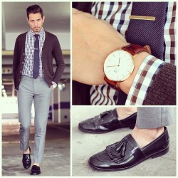 whatmyboyfriendwore:Grey navy and brown  Shirt and cardigan from @gap_southafrica  Tie from @lvjhaberdasher  Tie clip from @weekendcasual  Watch by @danielwellingtonwatches  Pants from @river island Shoes from #Zara    For sartorial secrets and all things