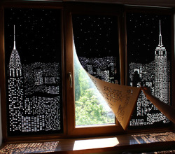 itscolossal:Buildings and Stars Cut into Blackout Curtains Turn Your Windows Into Nighttime Cityscapes