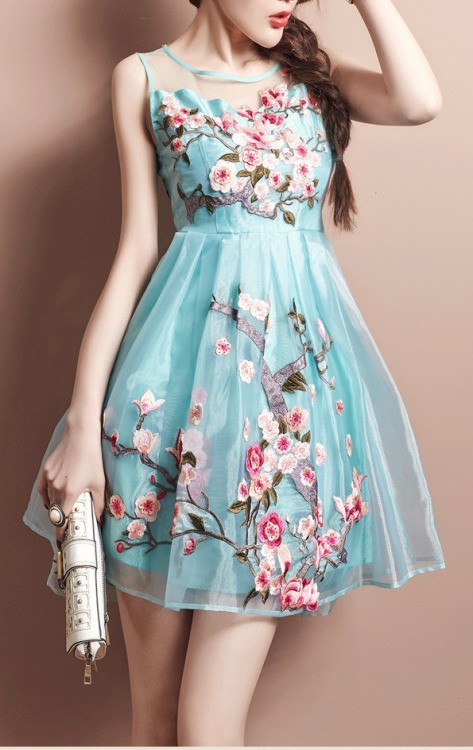 mintykat:sakura branches organza dress ✿comes in sky blue, apricot, or black