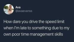 How dare you drive the speed limit when I&rsquo;m an hour early get the fuck out the fast lane