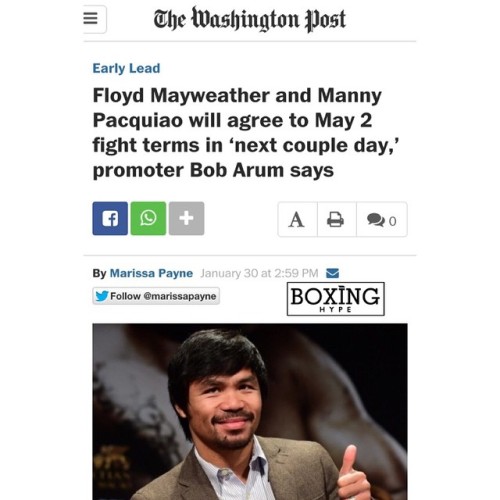 boxinghype:  Now a credible source - Floyd Mayweather and Manny Pacquiao reportedly met privately in Miami hotel room to hash out details of their proposed May 2 fight, Top Rank promoter Bob Arum is now saying he expects a formal agreement to be finalized