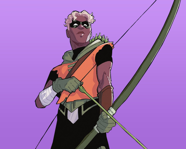 two edits of Connor Hawke from DC on a purple gradient background, it is made to look like one image when put together. He is standing and looking up while holding a bow with an arrow in it that is pointing down.