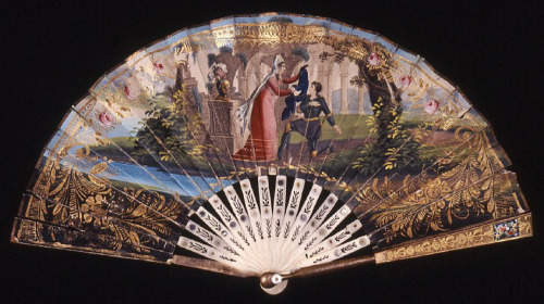 history-of-fashion:ab. 1830 Fan (antler and paper, lithographed and painted)ab. 1833 Fan (mother-of-