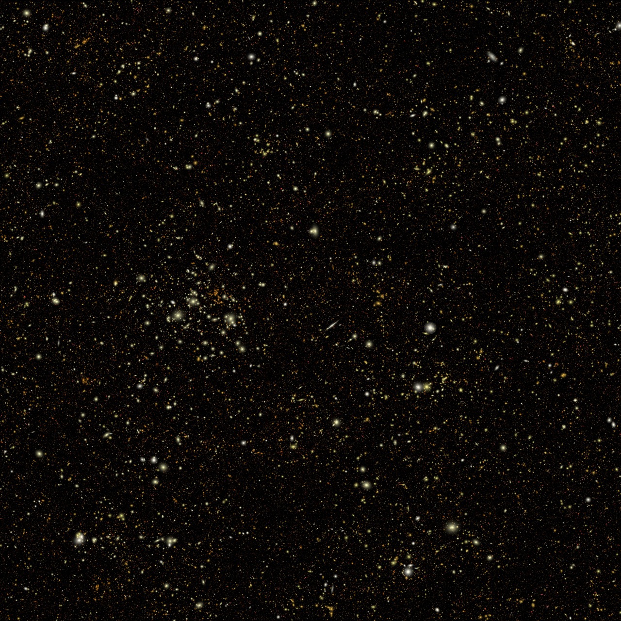 A black square covered in thousands of tiny red dots and thousands more slightly larger, white and yellow fuzzy blobs. Each speck is a simulated galaxy. Credit: M. Troxel and Caltech-IPAC/R. Hurt
