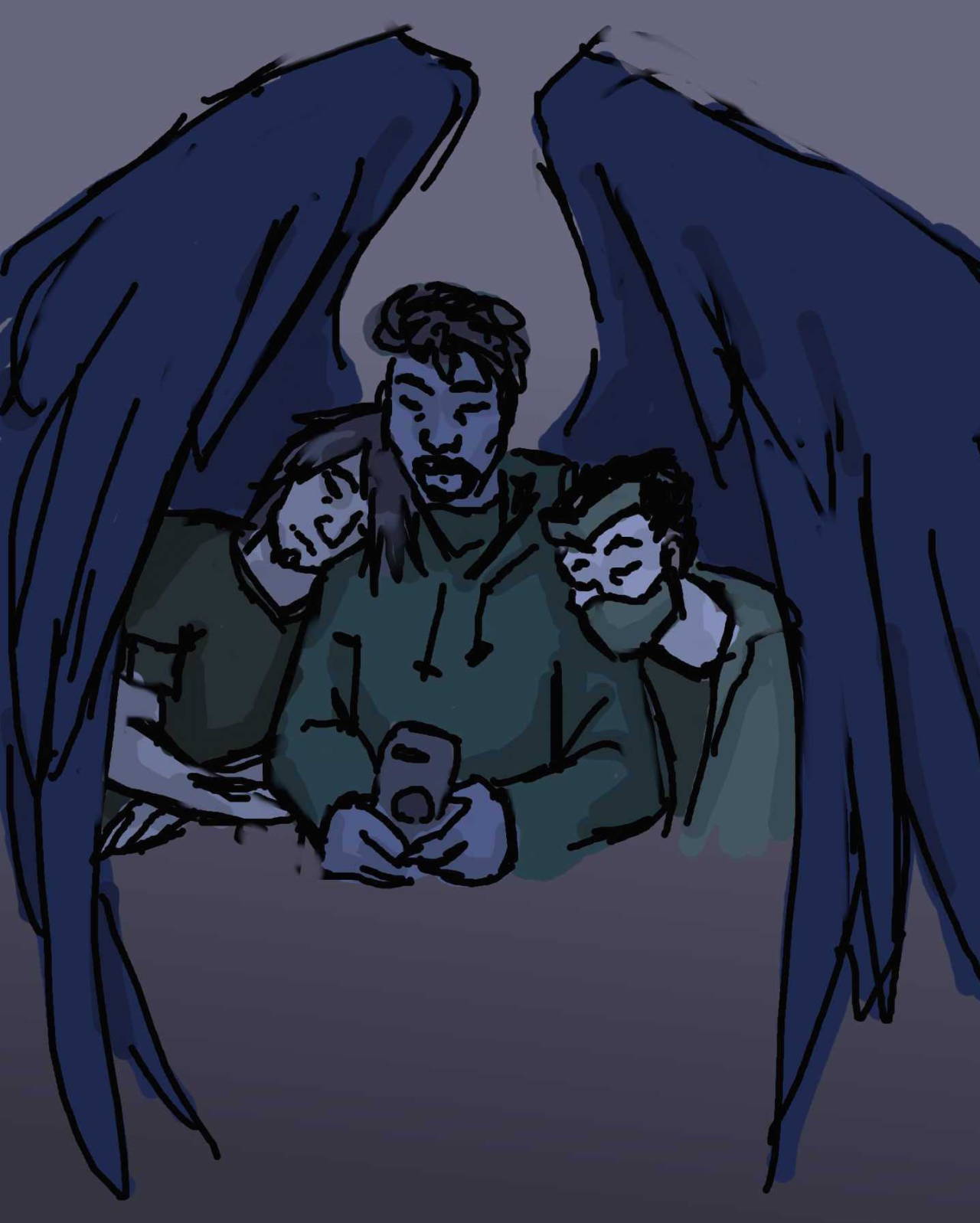 Quick doodle of Gabe and his kids. I chose to make only Gabe winged, so it doesn’t really fit in my Wing AU, but I think it’s cute anyways. (Within the AU canon, Cole’s wings are so huge I couldn’t figure out how to arrange the drawing.) #overwatch#overwatch fanart#art #blackwatch dad gabe #cole cassidy#genji shimada#blackwatch boys