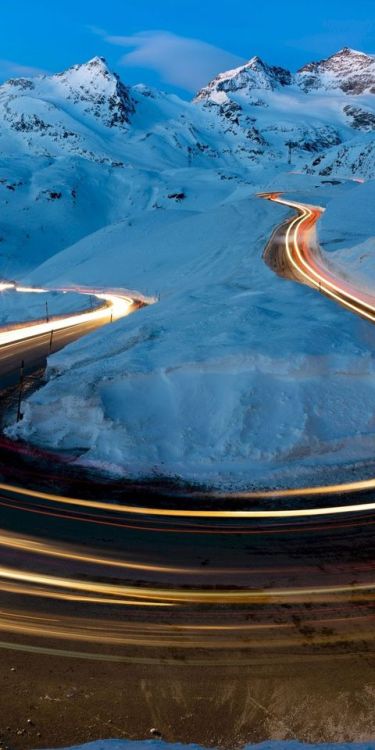 Winter, road turn, long exposure, snow, glacier, 1080x2160 wallpaper @wallpapersmug : ift.tt
