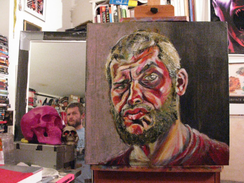 Here’s the latest progress on my self-portrait.    Acrylic on canvas  20"x20"  Matt Bernson 2013 Doing a self-portrait with an odd expression is more difficult, but more fun and interesting, than doing an expressionless mugshot.  