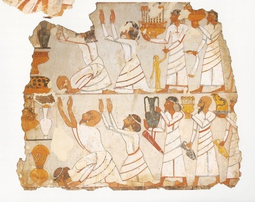 Part of a painted tomb-wall showing Asiatic tribute-bearers (painted plaster on stone), from the Tom