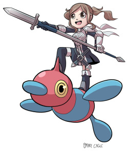 cubewatermelon:  One of the commissions for this batch! The commissioner asked for Cynthia from Fire Emblem: Awakening riding atop an oversized Porygon Z.  I haven’t played FE:A yet but… I might lose my will and do so soon… @3@