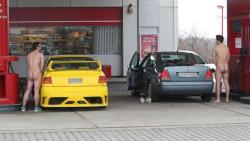 gaypegasus-blog:  riskyinpublic:  Boys butt naked at a gas station! Looks like Germany ;)  http://gaypegasus-blog.tumblr.com/