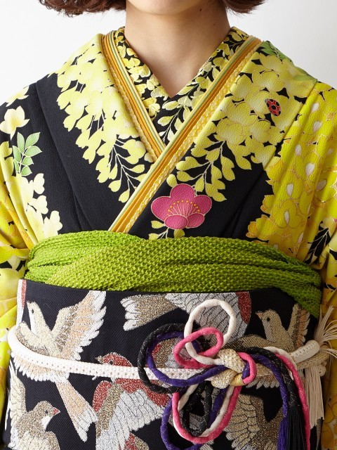 Lively furifu furisode. The obi is tied with a kinda unsual musubi which looks an aditionnal fold to