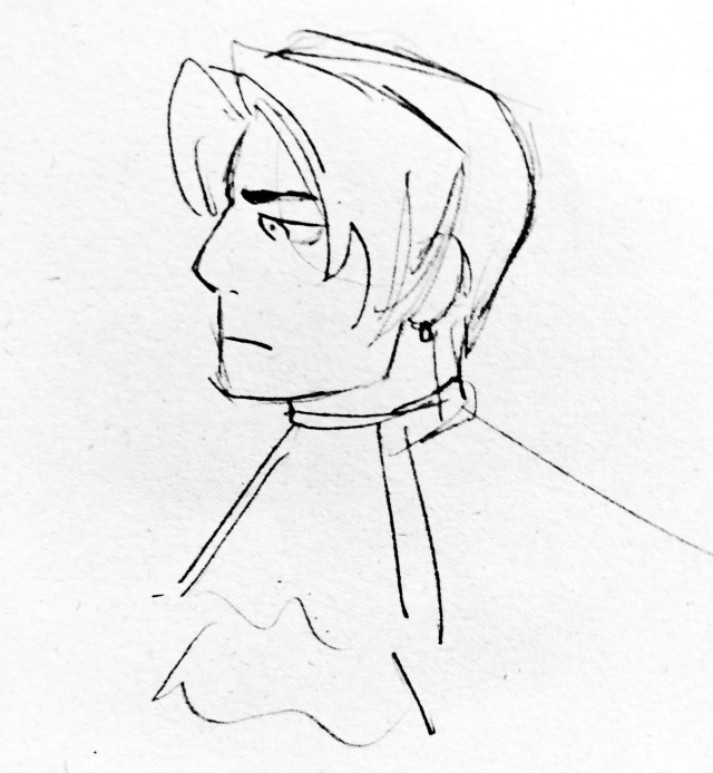 traditional pencil bust-up drawing of miles edgeworth from ace attorney facing the left. he's frowning a bit and has a little earring.