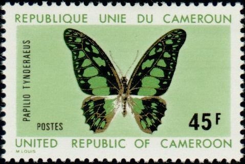 a postage stamp with an illustration of a green and black butterfly with rather angular wings. the butterfly is labelled "papilio tynderaeus". the face value of this stamp is 45 Central African CFA franc.