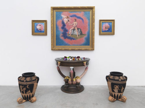 ratatoskryggdrasil:  Mcdermott & McGough,  “Hic Habitat Felicitas” / Temple of Onan, 1984 / 2016, Oil on canvas in wooden gold painted frame, hand-carved wooden table painted with oil and gouache, two ceramic urns painted with acrylic gouache