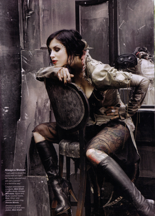 Kat Von D shot in skingraft coattails and vintage Moschino dress for Latina magazine, NOV 08 issue, 