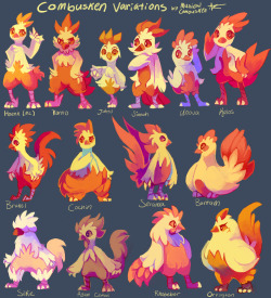 musicalcombusken:  SO, I DECIDED TO MAKE VARIATIONS OF COMBUSKEN!I took 4 days on this, but it was fun to create the shapes and colors. *u* I love chickens and Combusken (torchic line in general), so I felt the need to do this~I used my Pokesona MC for