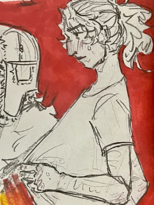Close up of the drawing of Patryck pulling his shirt forward to cool down