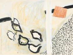thunderstruck9:Roger Raveel (Belgian, 1921-2013), Scharrelkippen in mijn tuin [Free range chickens in my garden], 1963. Gouache, coloured pencil and Indian ink on paper, 27 x 35.8 cm.