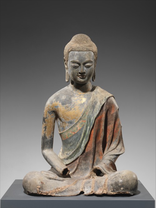 Sculpture (dry lacquer with traces of gilt and polychrome pigment and gilding) of Buddha in his aspe