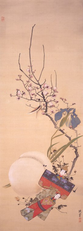 Gosekku-zu by Kakizaki Hakyō, with hagoita for the first month, peach blossoms for the third, irises