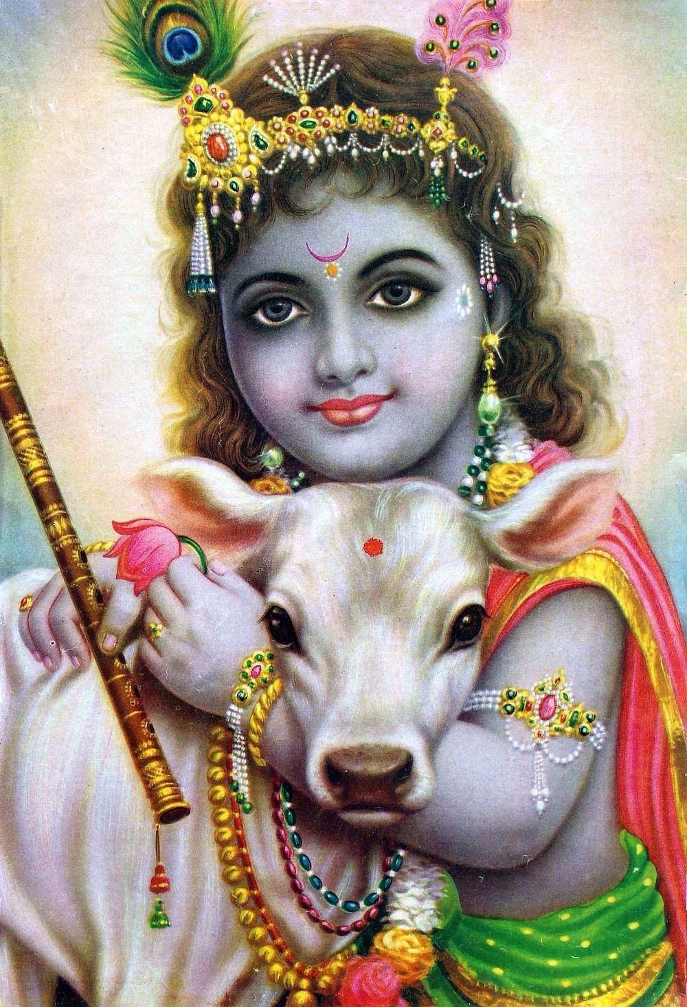 Hindu Cosmos - Bal Krishna holding Cow 1920s Indian Print (via...