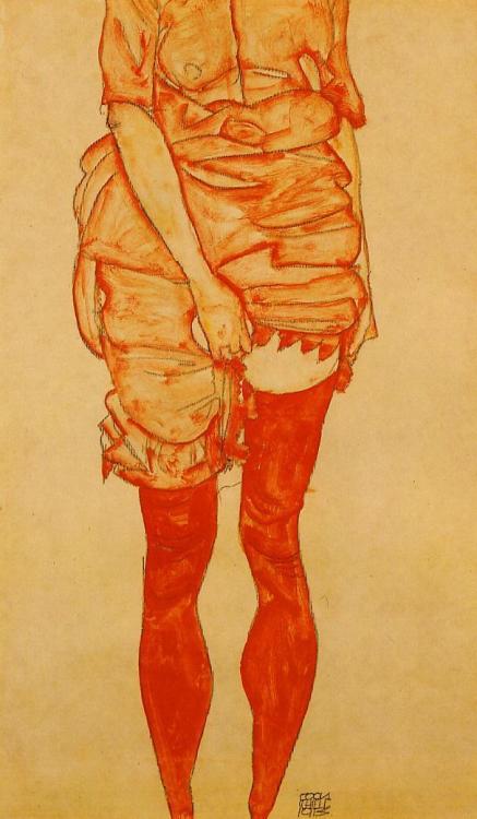 artist-schiele: Standing Woman in Red, 1913, Egon SchieleMedium: watercolor,paper