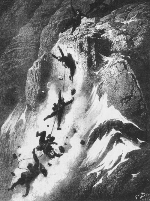 A disaster during the descent after the first successful ascent of the Matterhorn, by Gustave Dore. 