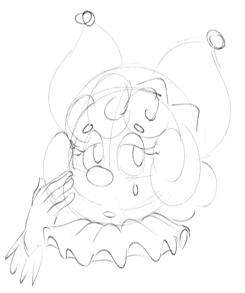   another one of those character designs i get stuck in my head while im trying to sleep. little clown/harlequinn/pierrot  