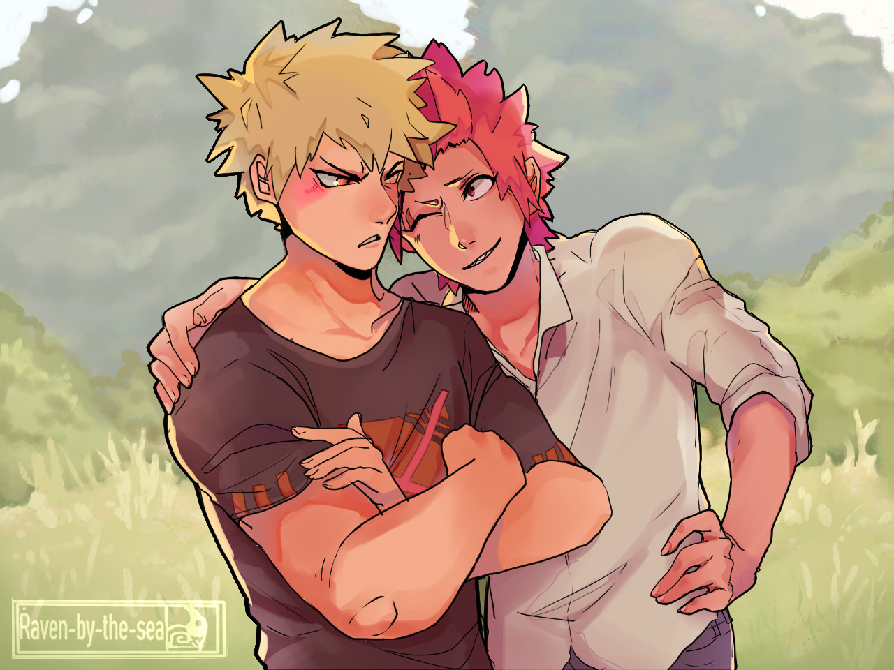 an image of Kirishima with an arm wrapped around Bakugou. Kirishima is smiling brightly while Bakugou is looking slightly flustered. The background is a series of trees and bushes.
