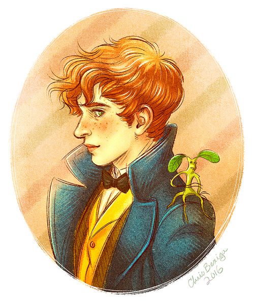 Newt Scamander and his fave Bowtruckle! Drawing some fanart while waiting to see this film, ahh&