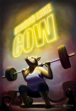 rivercitykitty:  Strong Like CowNo bull; Jinash is strong like cow! She beat me in an arm wrestle, and threw me over her shoulders like it was nothing. She could probably leg-press a semi-truck off of the ground if she tried!Made in Photoshop.Find it