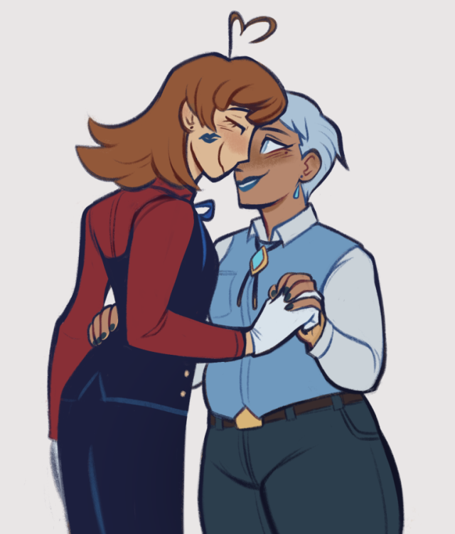 Seb, heart-shaped ahoge, nuzzling their face against Franziska's while she looks at them with a smirk. Fran has one hand laced with Seb's, another on her hip. Seb has a little Franny-blue lipstick mark on her cheek.