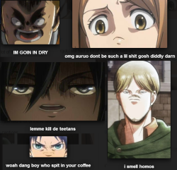 attackonmytears:  shiftingfordummies:  I found this on Google somehow and I still can’t stop laughing at Petra’s face.  Mikasa looks like a worm 