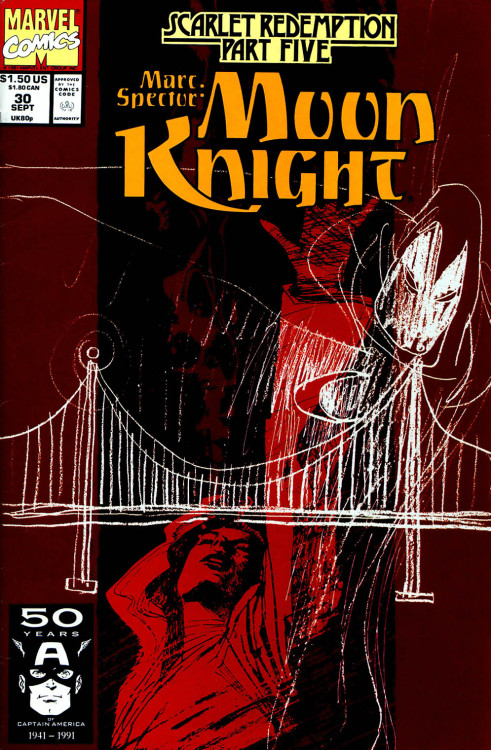 comicartistevolution:  Bill Sienkiewicz 1991: covers to Marc Spector: Moon Knight #26 - 31 It’s always great to see Sienkiewicz return to Moon Knight, and providing the covers the all six issues of the “Scarlet Redemption” arc was a bonus!