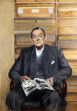 paintingbox:  ELIOT, THOMAS STEARNS, (1888-1965, American-born poet and literary critic, Nobel Prize winner for Literature, O.M.) PORTRAIT BY SIR GERALD KELLY P.R.A., R.H.A. (1879-1972),oil on canvas, three-quarter length, seated in front of solander