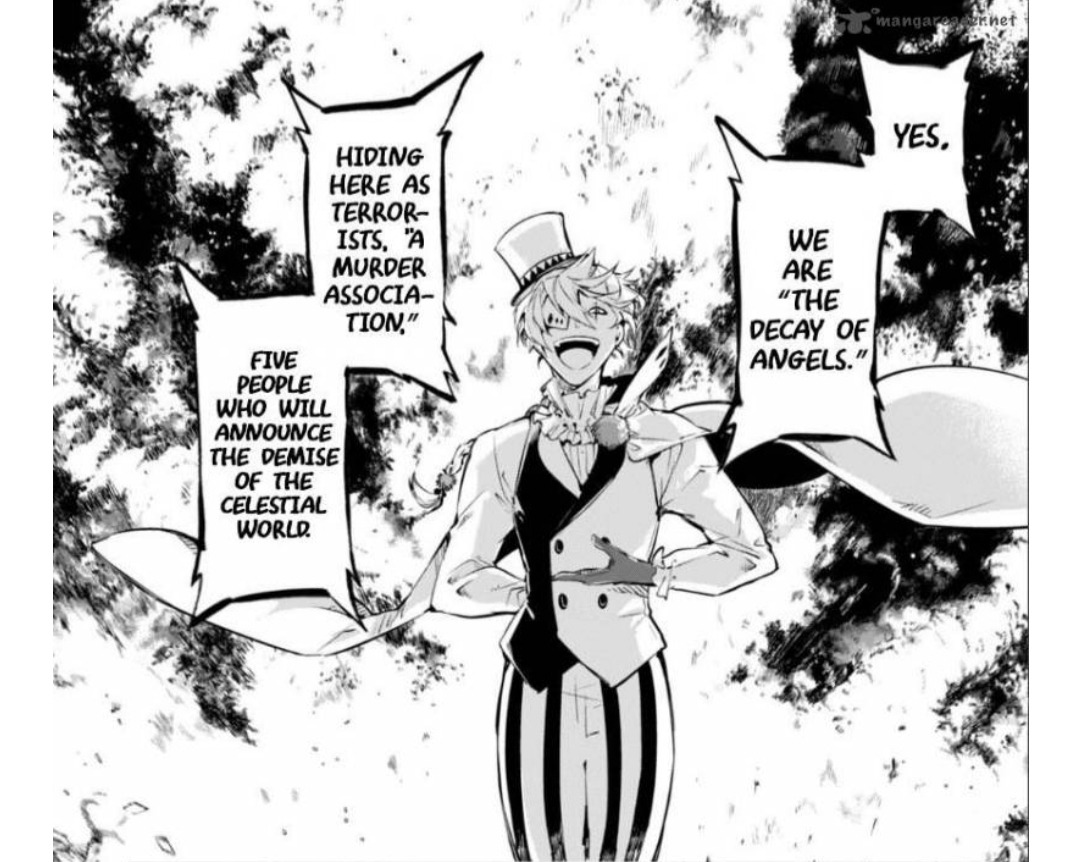 THE HIDDEN MEANING OF THE DECAY OF ANGELS Warning: Manga spoilers So, the  most recent franchise villains, the Decay of Angels have a hidden meaning  behind them. The Decay of Angels is