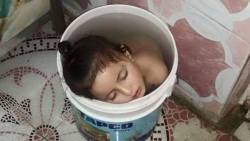 momo33me:  A child from Gaza sleeps in a bucket full of water to escape the heat wave- The supply of electricity is often interrupted due to the siege imposed by the military junta in Egypt, the PA, and settler colonial apartheid Israel.