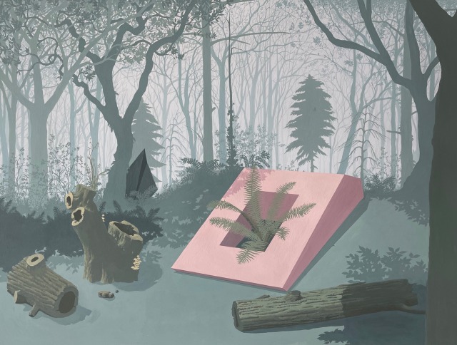 A forest scene painted in blue-greens, misty in the background, with sharp shadows in the foreground. A pinkish polygon sits in a clearing with a large fern growing out of it.