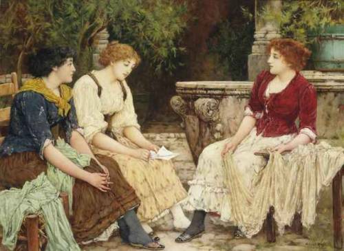 Girl Talk. Oliver Rhys (German, active in the UK, 1854-1907). Oil on canvas.The young woman in the c